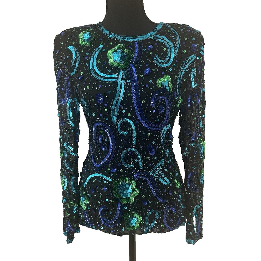 Stenay Black Long Sleeve Sequin Top with Blue & Green Embellishment